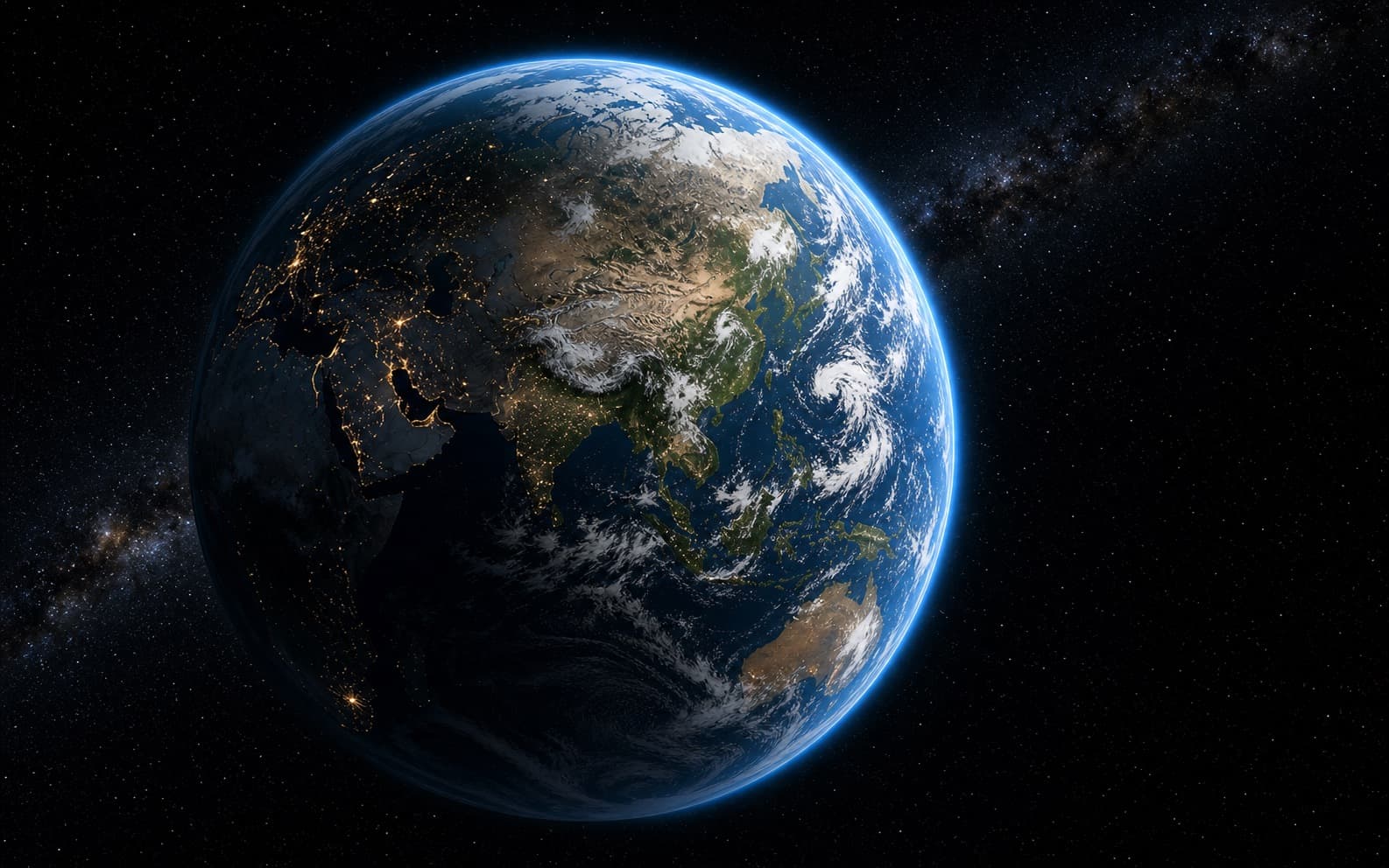 Cinematic Earth from space with clouds, city lights, and blue atmospheric glow